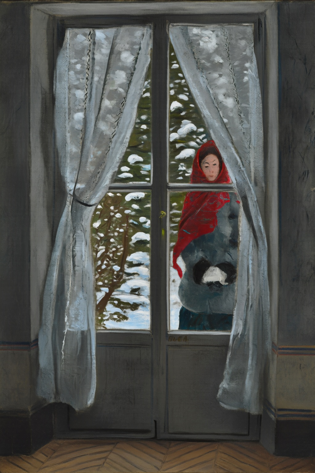 claudemonet2q painting. A room with a double glass door framed by lace curtains. Outside,  a snowy garden with a tall,  le...