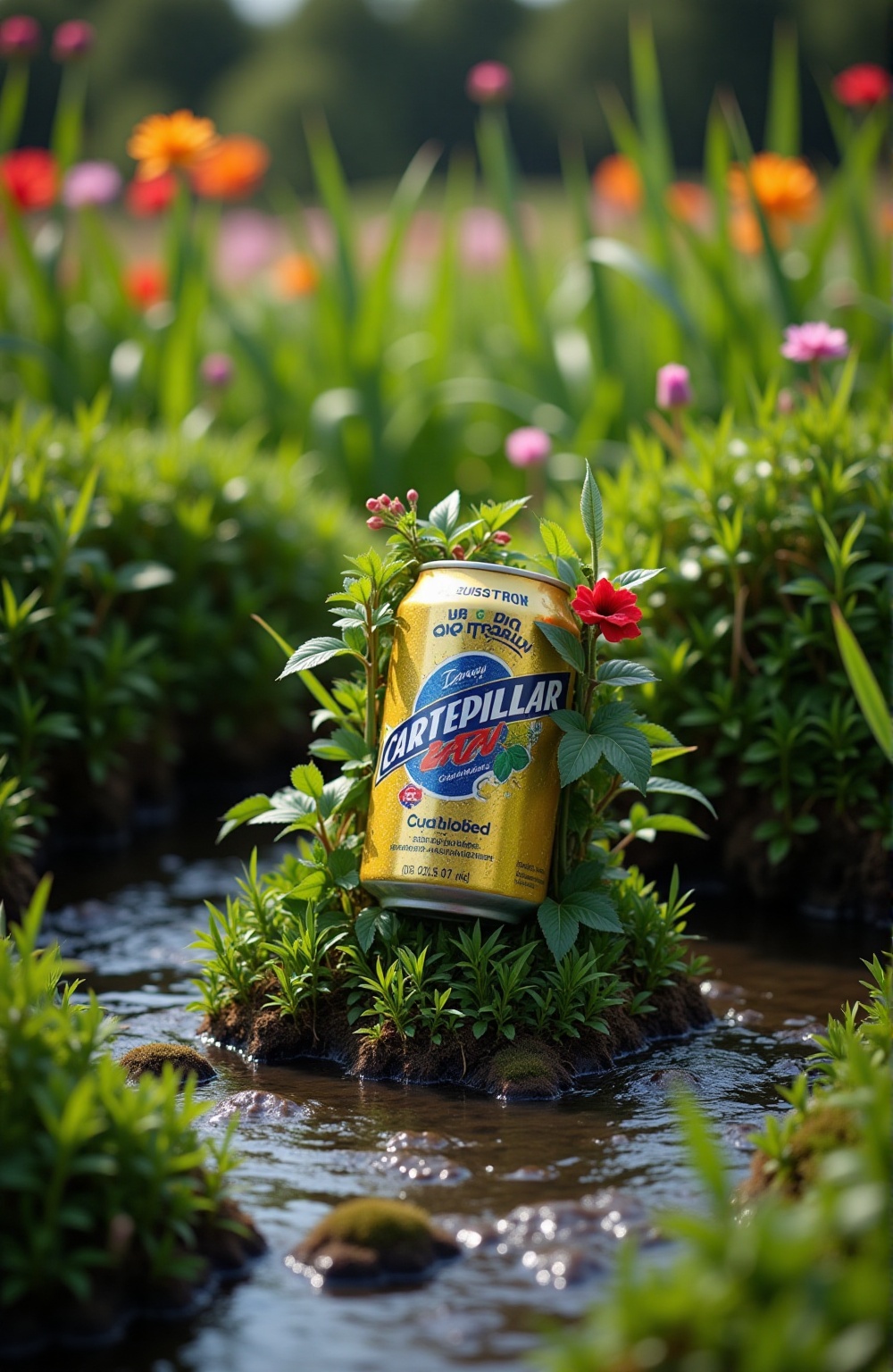 A sharp focus on a " CATERPILLAR " "isotonic drink" branded canned drinks overgrown with vines,  partially submerged in a...