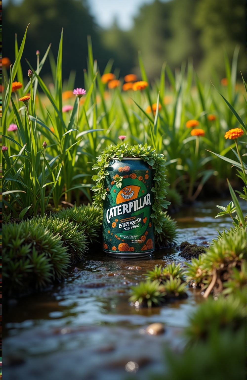A sharp focus on a " CATERPILLAR " "isotonic drink" branded canned drinks overgrown with vines,  partially submerged in a...