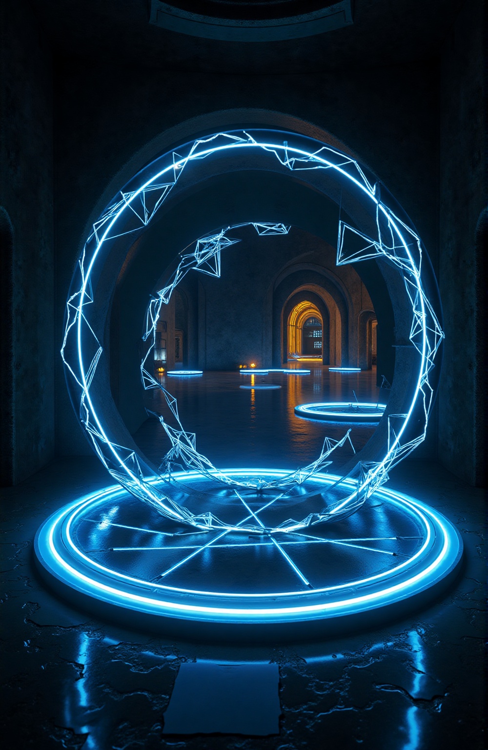 A glowing hyperbolic surface,  forming the Poincaré disk model with luminous electric blue and yellow arcs intersecting at...