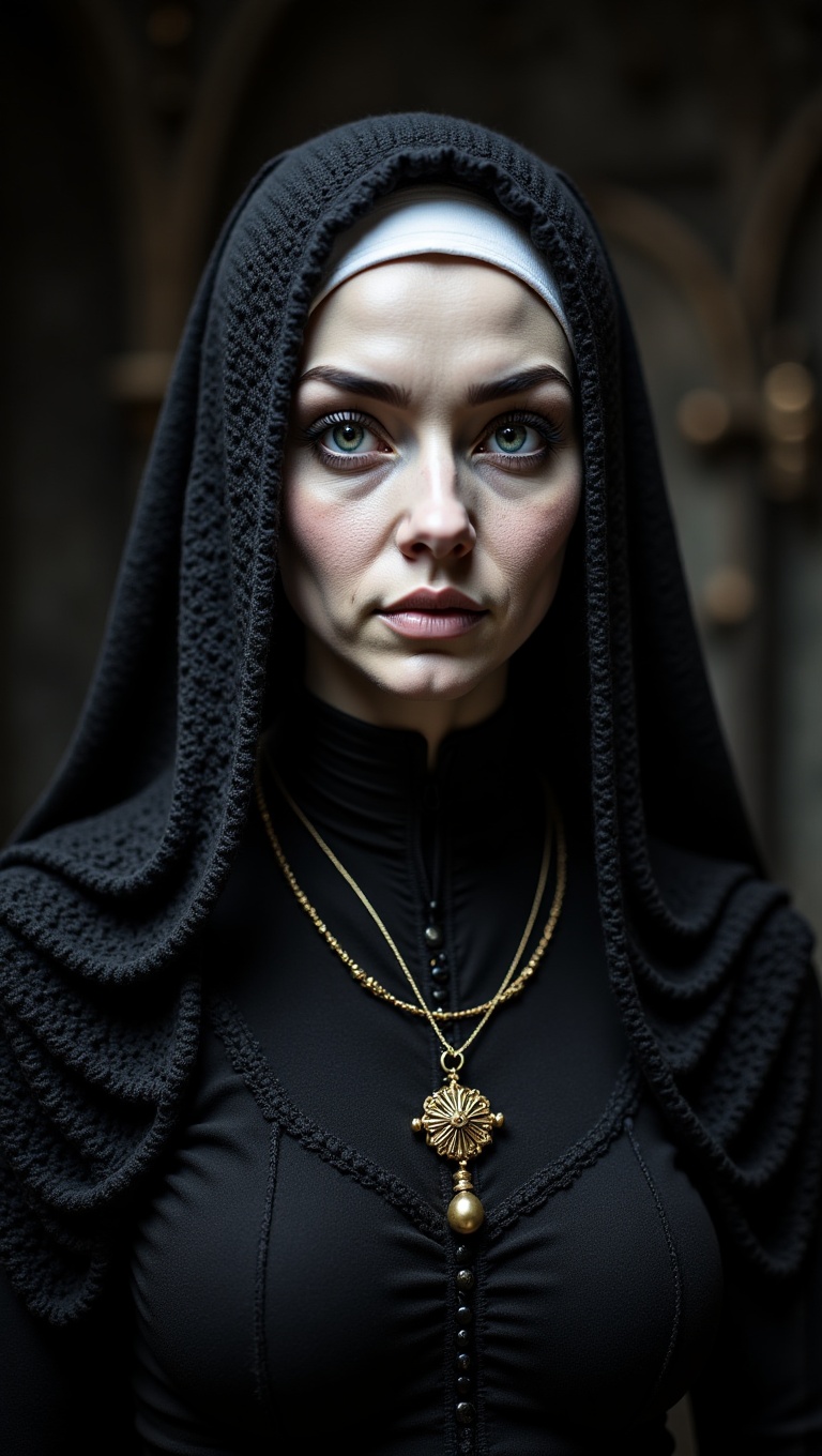 A hyper-detailed crochet portrait of a gothic nun in black and white crochet habit,  realistic yarn skin texture,  photogr...