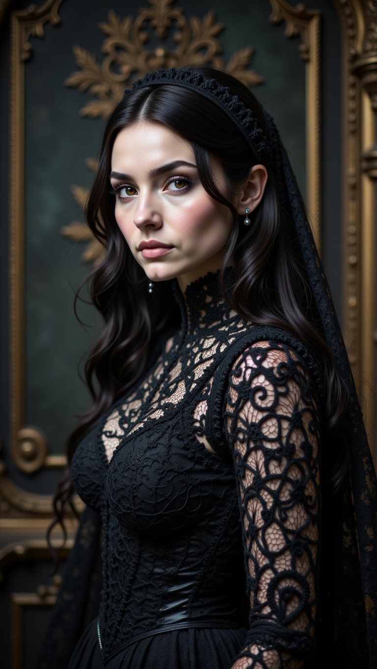 A hyperrealistic crochet portrait of a pale gothic woman with intricate lace-like yarn patterns forming her black Victoria...