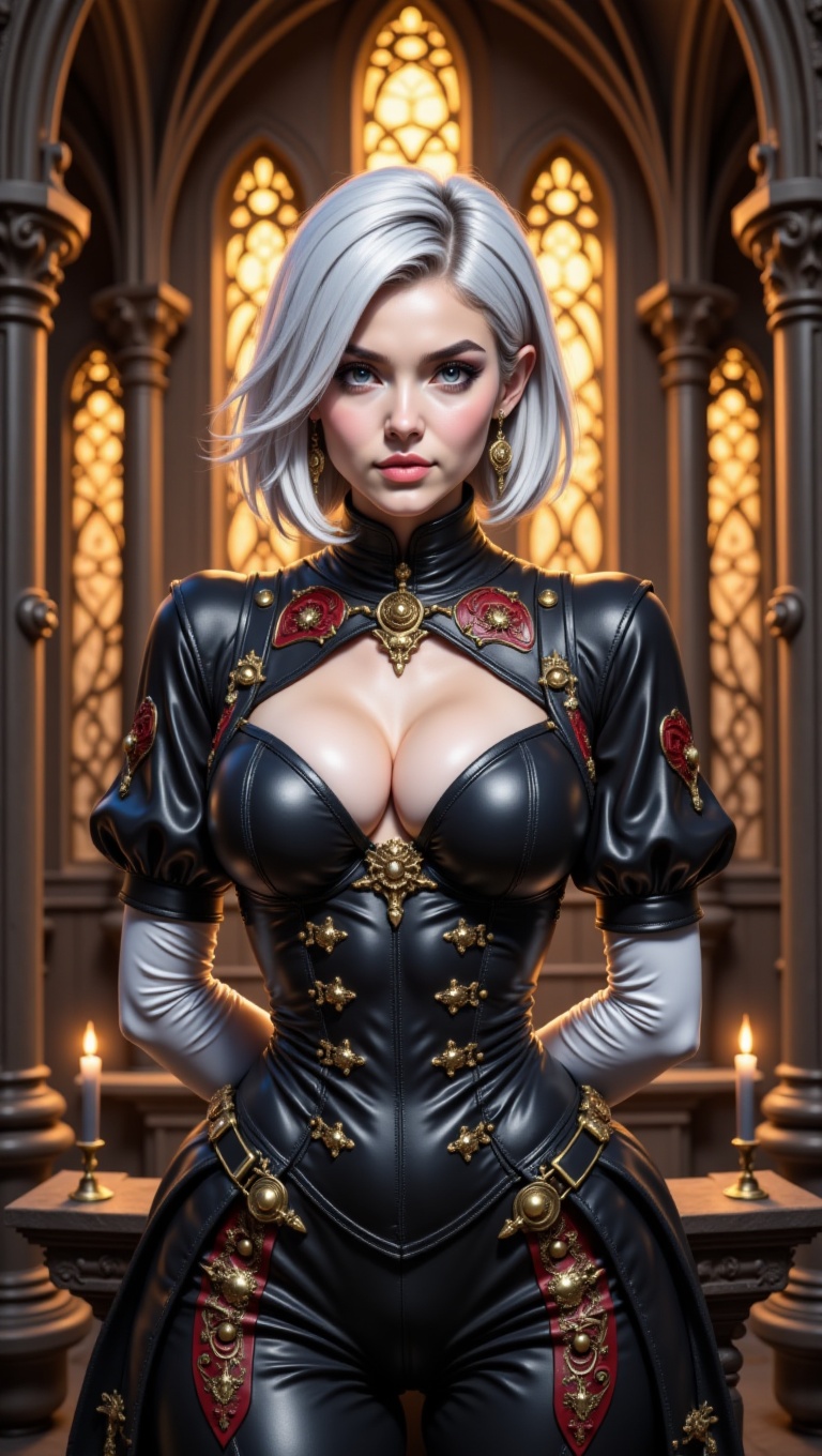 A stunning anime woman with short silver hair and sharp facial features,  standing confidently with arms behind her back,...