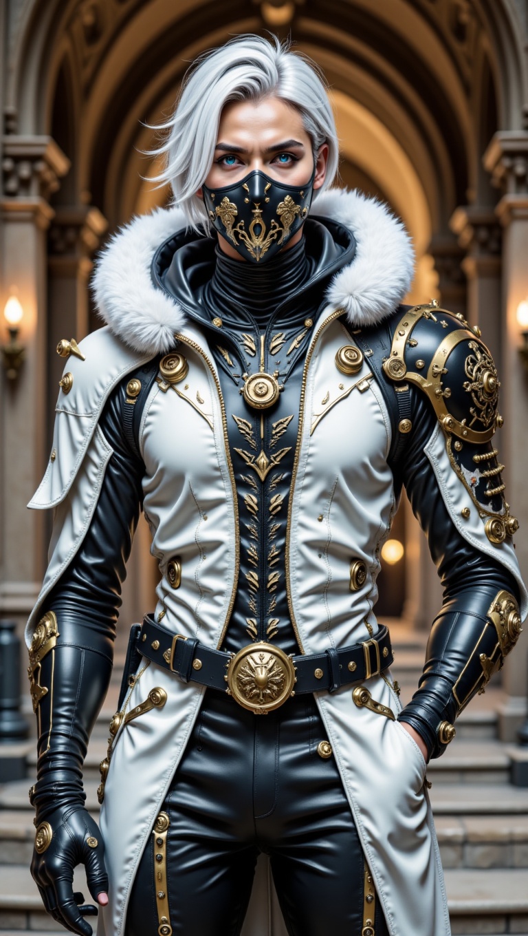 A futuristic male character with a cyberpunk aesthetic,  featuring a striking blend of regal and modern elements. The char...
