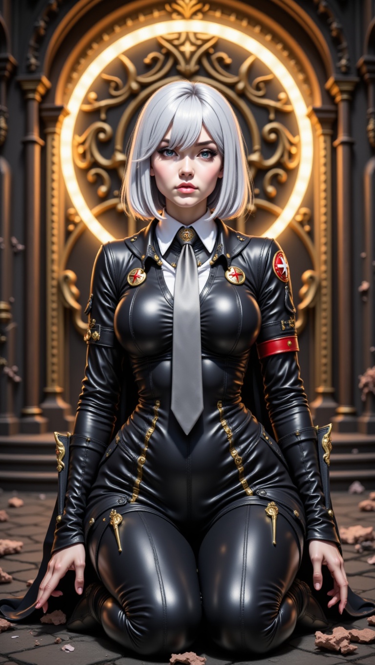 A powerful anime female with short silver hair kneeling on one knee,  hands placed firmly on the ground,  wearing a struct...
