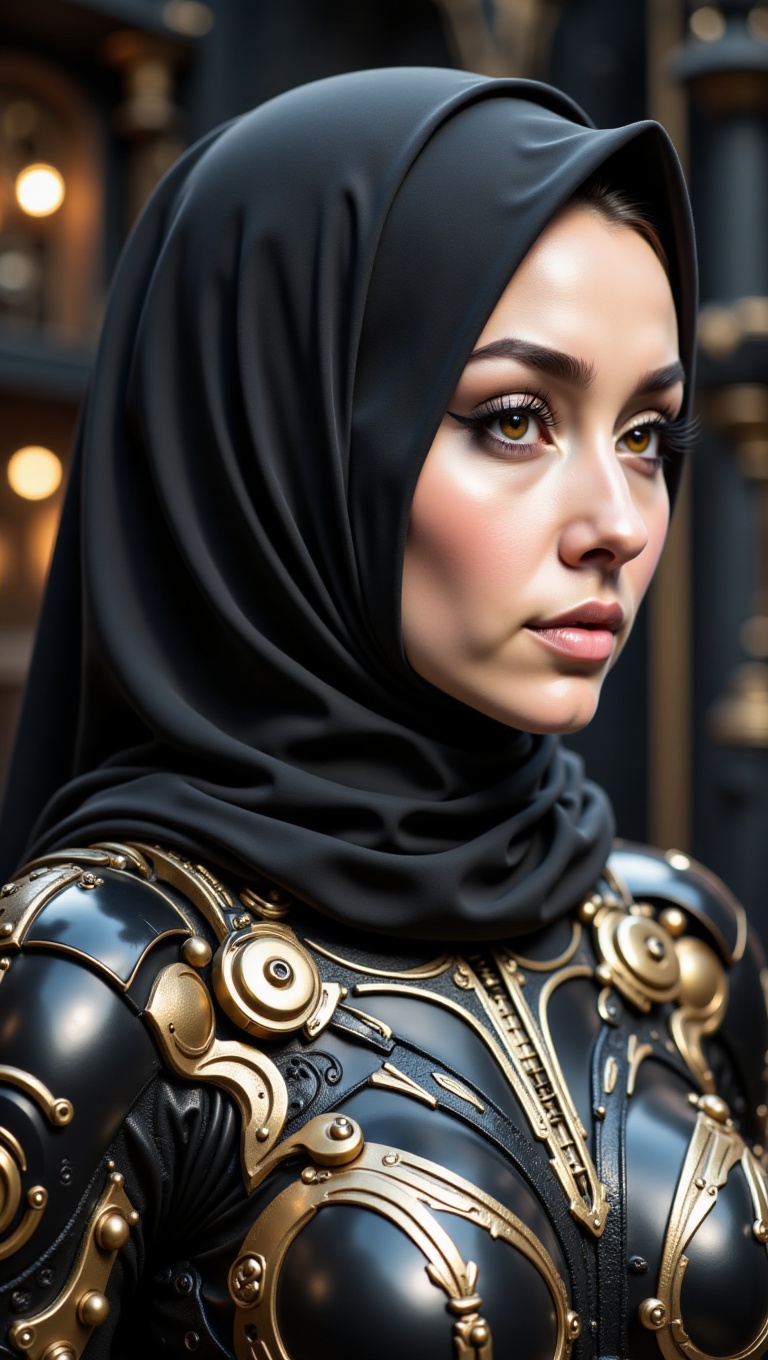 A create an ultra-high-definition,  realistic image that captures a woman with fully hijab wearing a futuristic metallic s...
