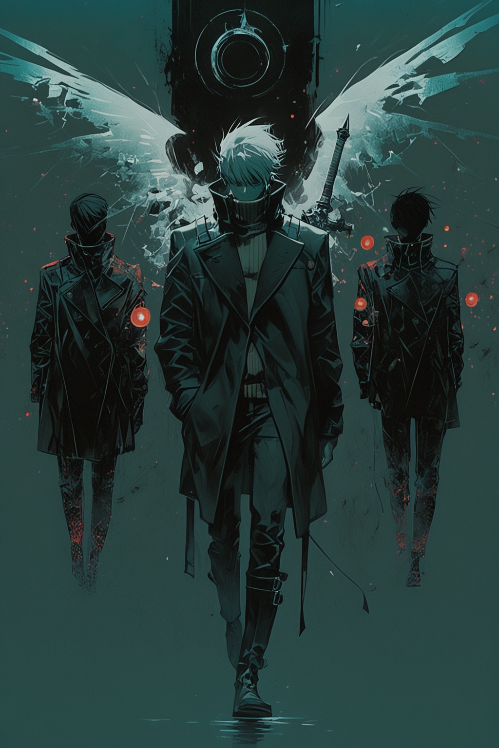 A silhouette of a person with wings walking towards a glowing red orb,  dressed in a dark trench coat,  against a dark blu...