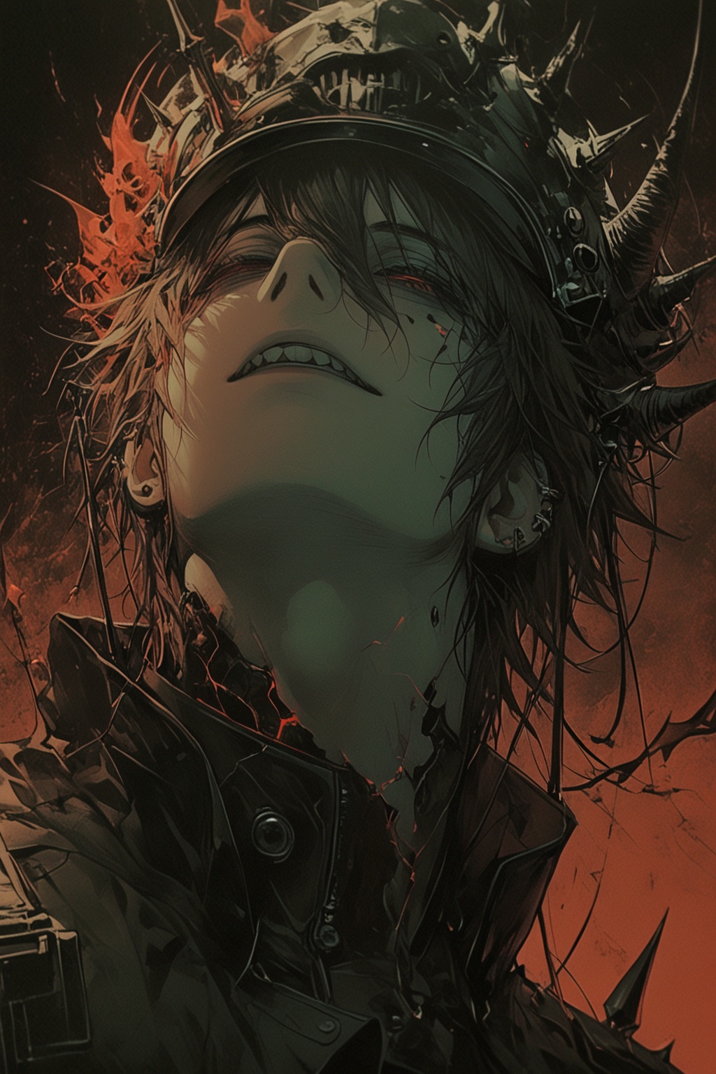 A digital illustration in a comic book style with a dark,  ominous theme. The background is a gradient of red and black,...