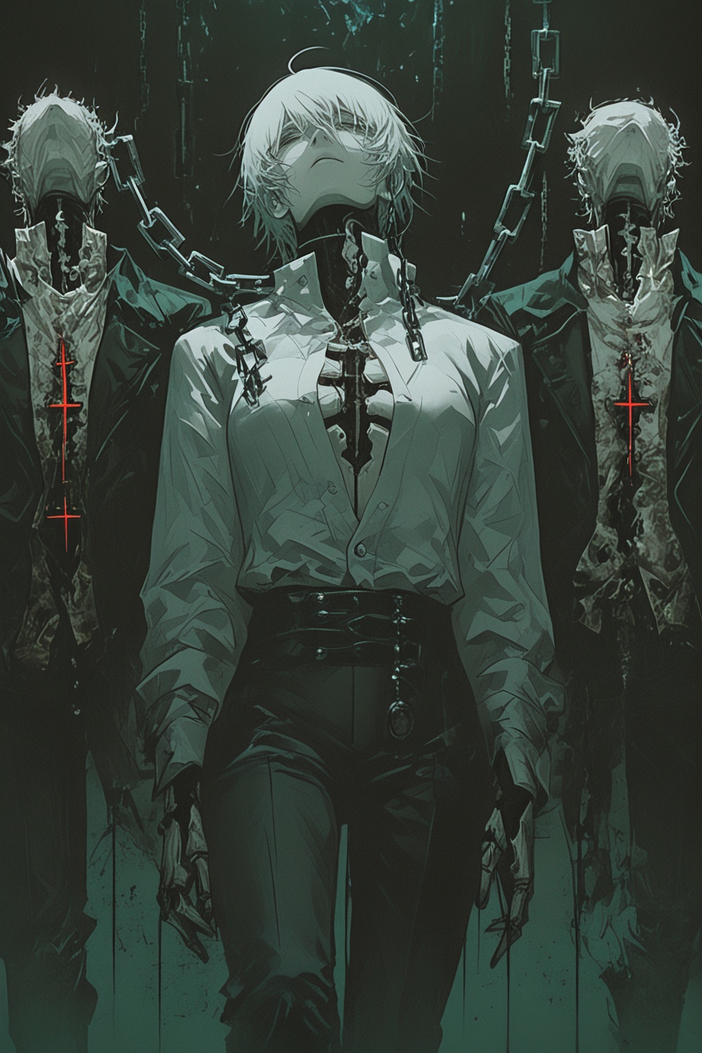 A digital illustration of a humanoid figure with a pale complexion and short white hair,  standing in the center of the fr...