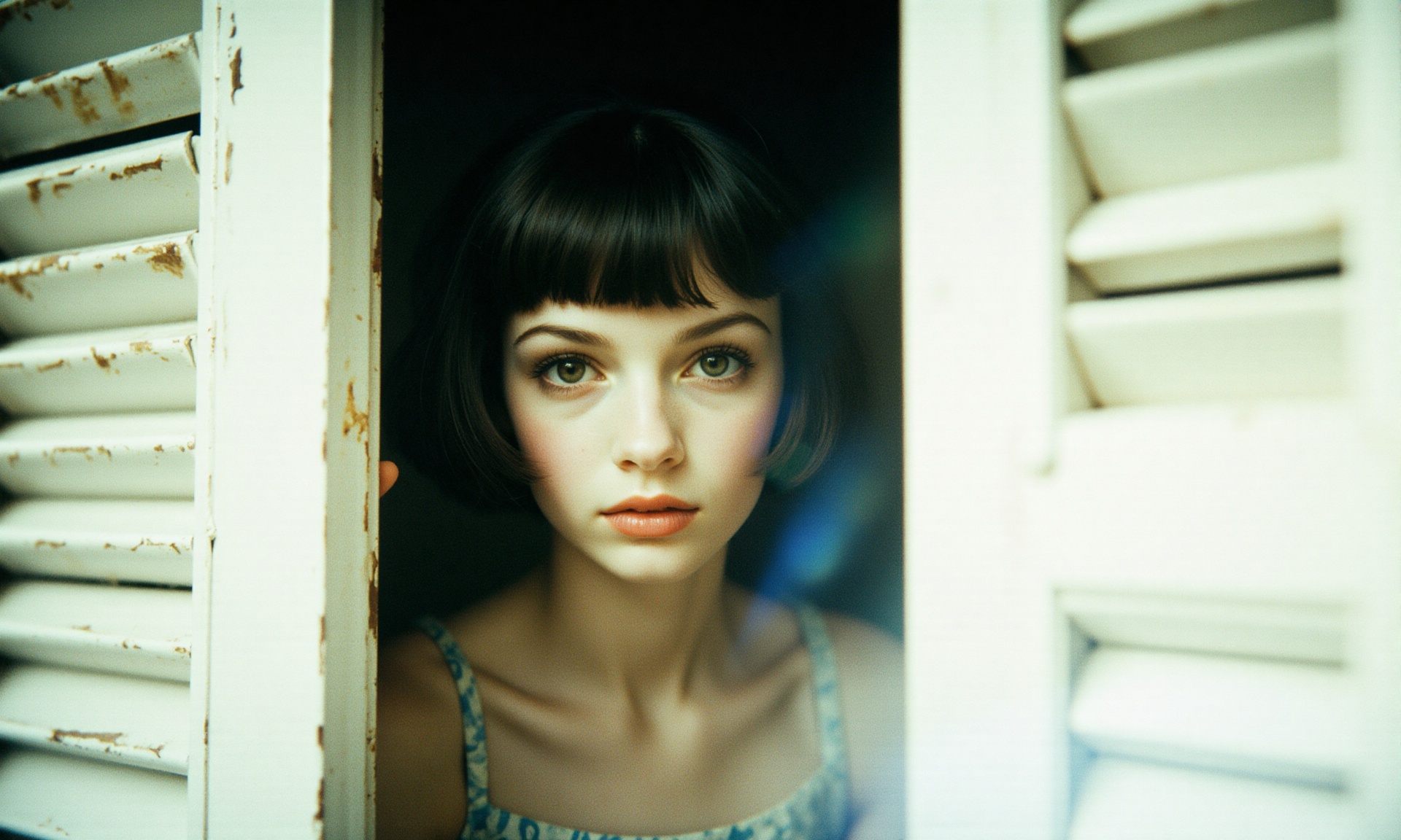 Capture a nostalgic,  vintage photograph of a young woman peeking through a narrow opening between two white shutters,  sh...