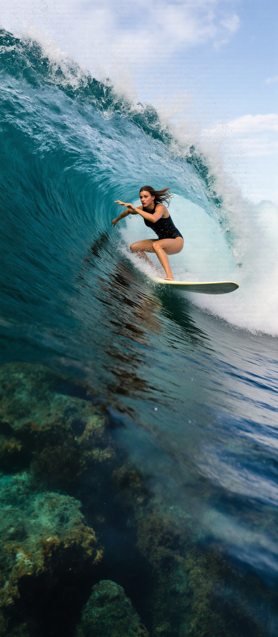 Title: Barrel of Elegance Prompt: Concept: A young female surfer,  in her early twenties,  is depicted in an action-packed...