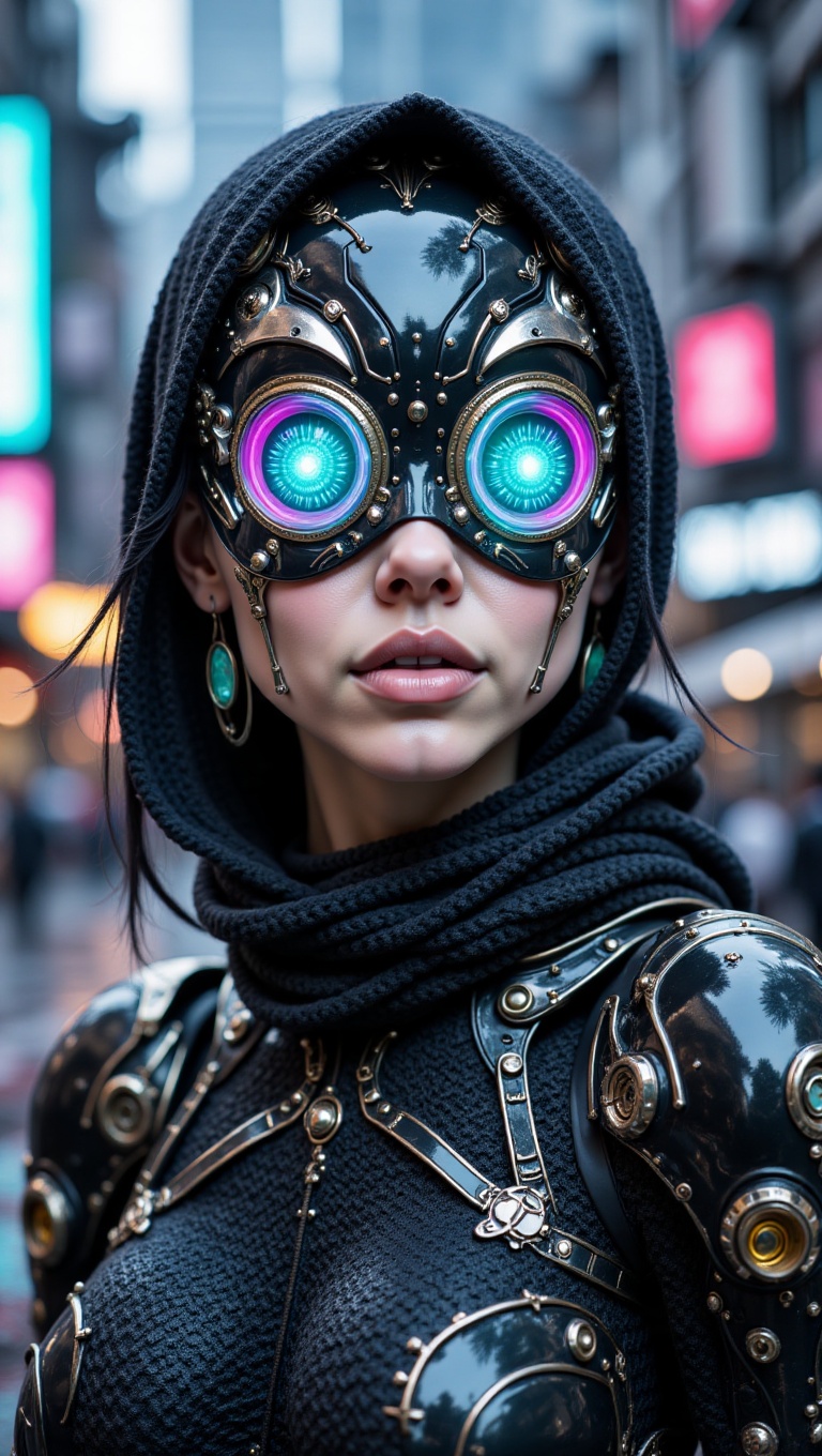 Ultra-detailed 3D anime render — stylized macro portrait of a fierce cyberpunk female cyborg,  reimagined through the lens...