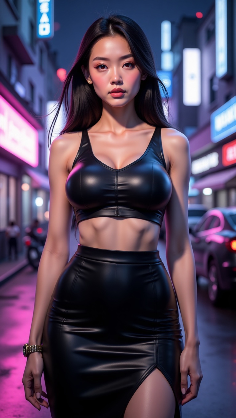 She stands in a sleek,  form-fitting black pencil skirt that hugs her hips and cuts high on the thighs — stylized to accen...