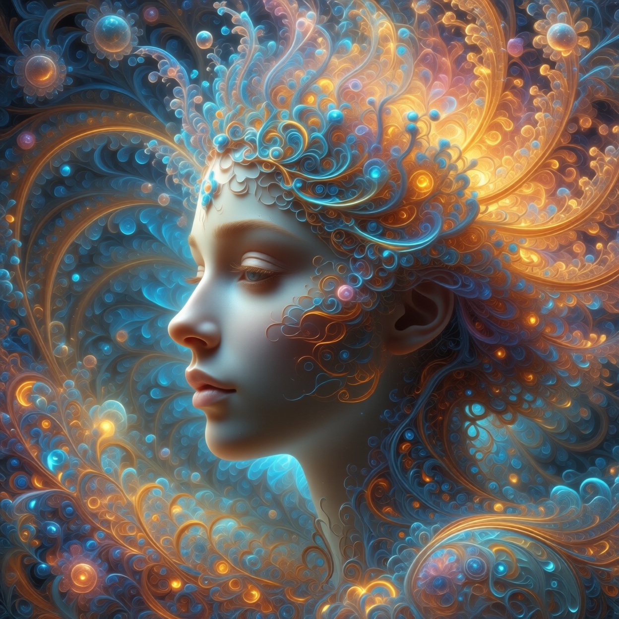 portrait of a human face,  fractal face,  constructed from glowing fractal patterns on Tensor.Art