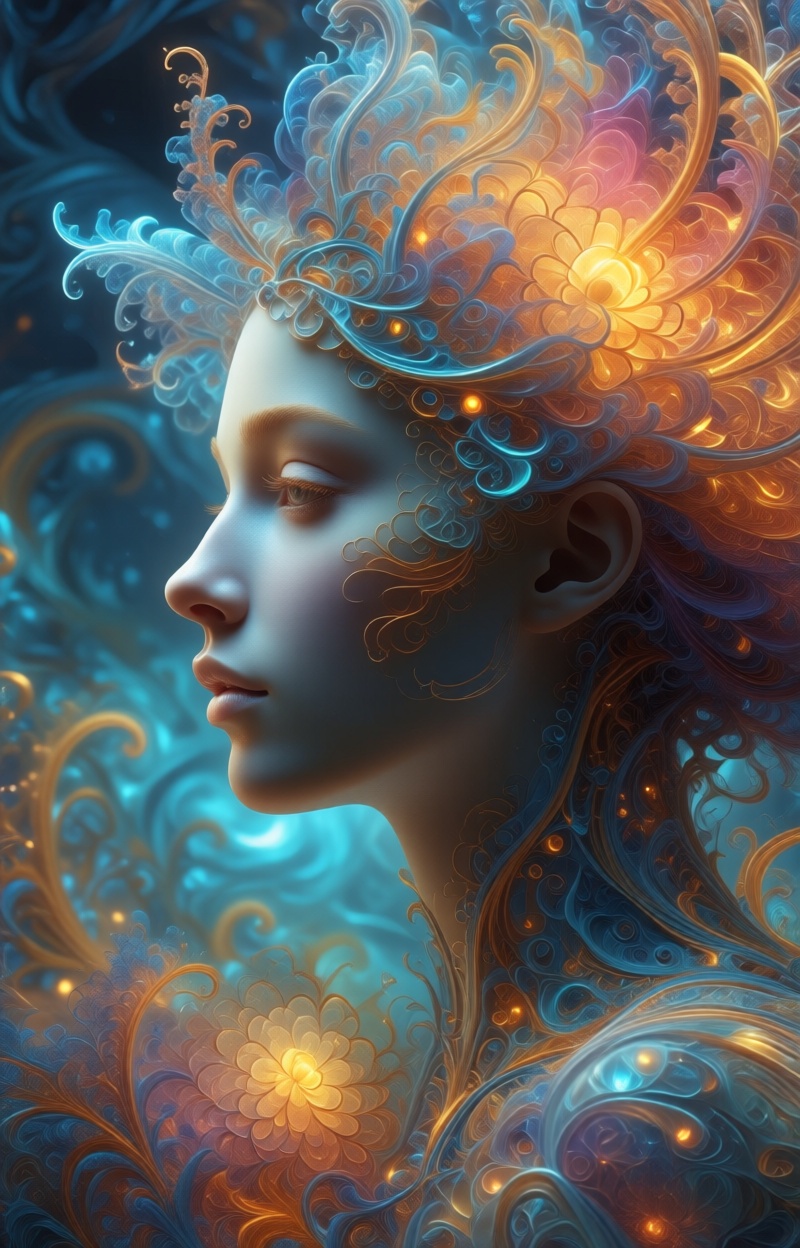 portrait of a human face,  fractal face,  constructed from glowing fractal patterns on Tensor.Art