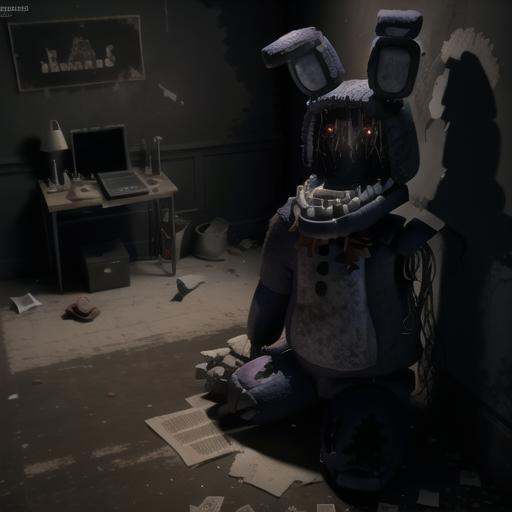 withBonnie,  a character from the game Five Nights at Freddy's,  is depicted inside an abandoned building. They are sittin...
