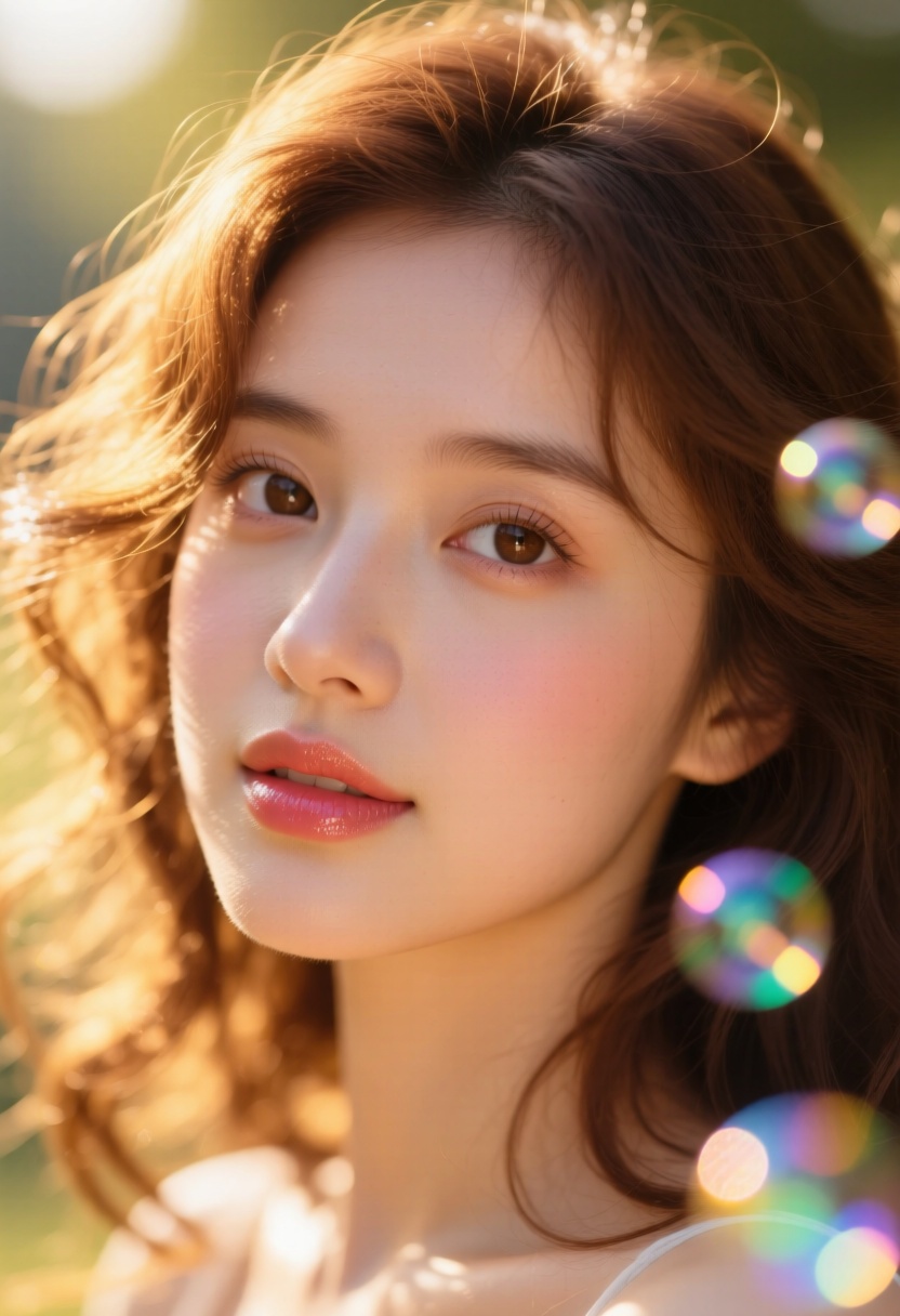 A dreamy and ethereal portrait of a young woman with soft,  wavy brown hair illuminated by cascading sunlight. Her deep,...