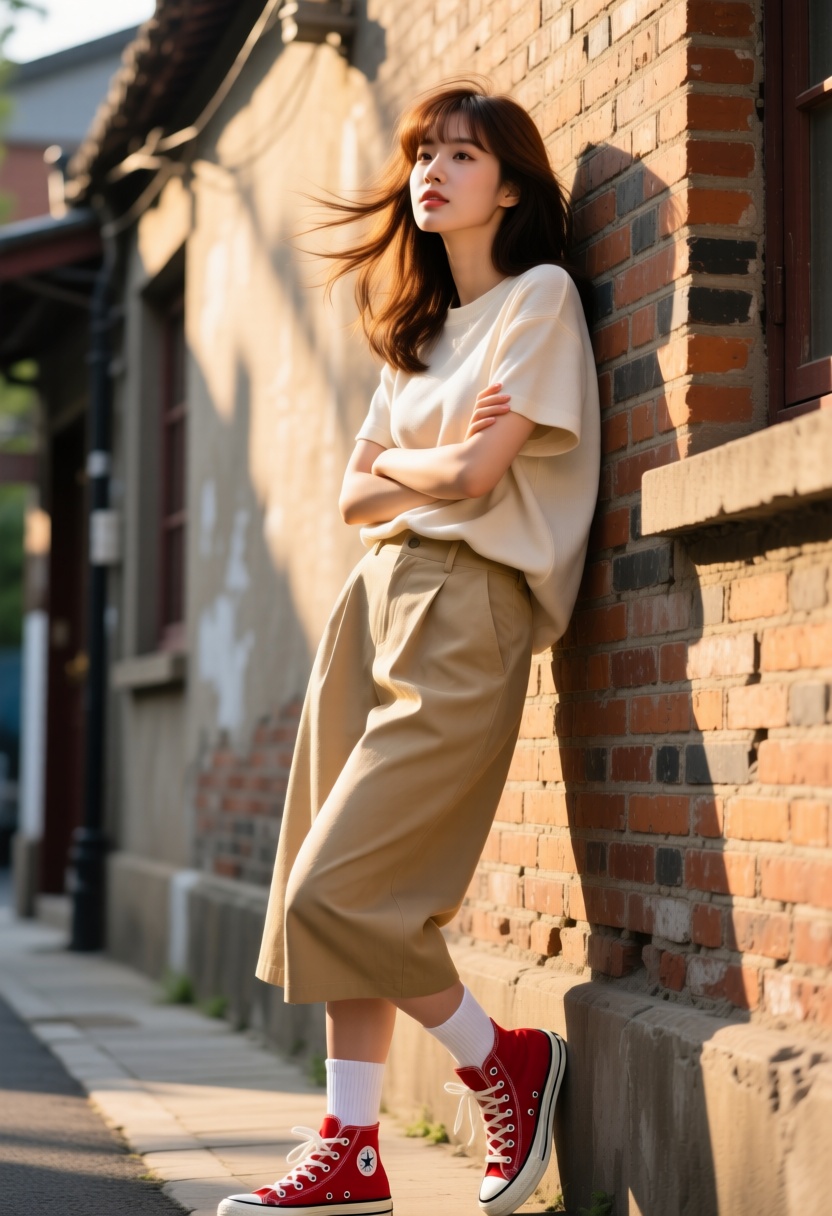 A cinematic,  high-fashion street portrait featuring a young Asian woman leaning casually against an aged brick wall. Her...