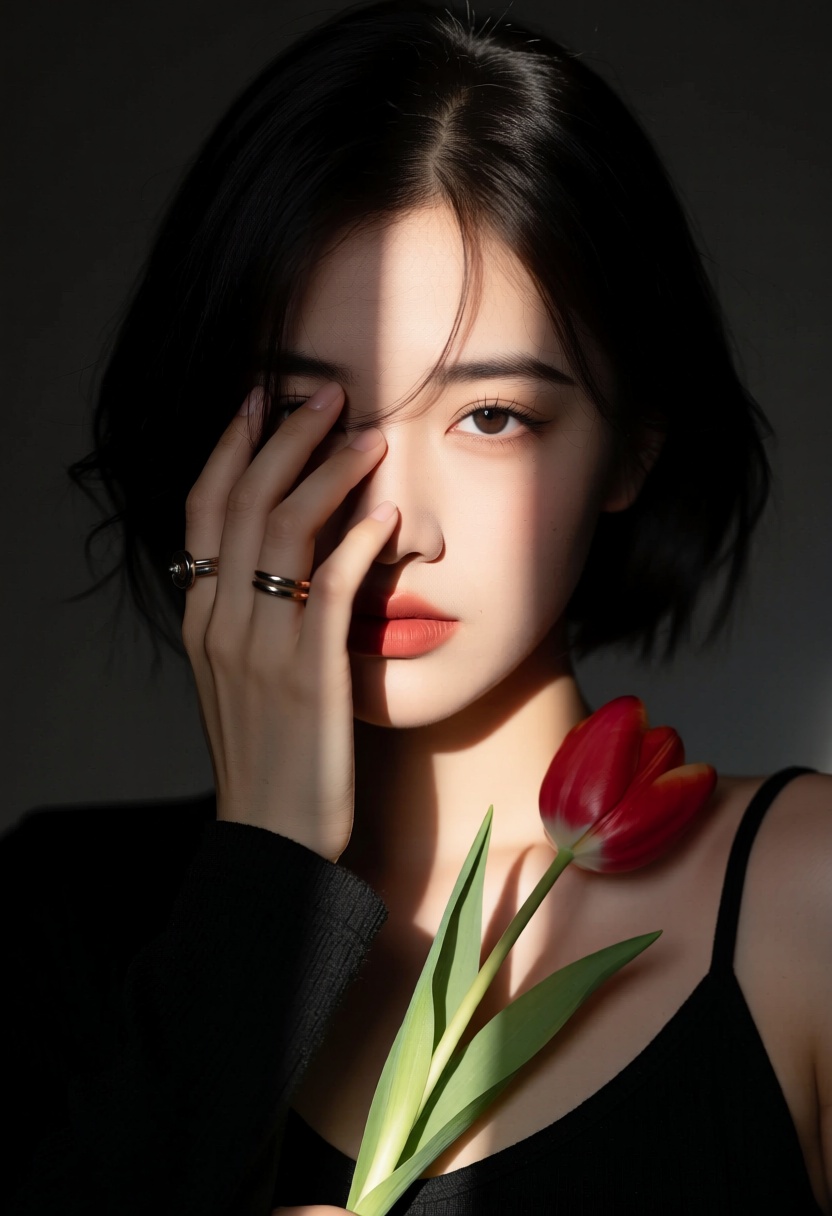 A portrait of a girl with short,  dark hair,  partially illuminated by a narrow beam of light on Tensor.Art