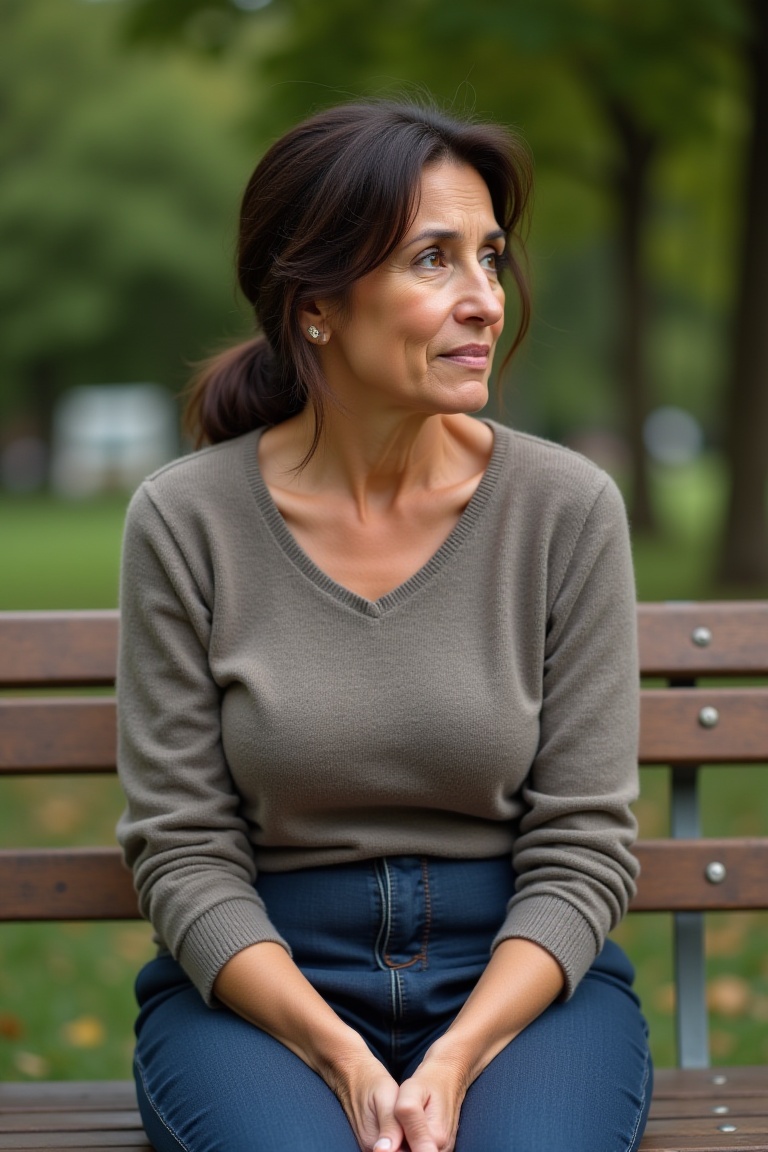 full-body portrait of LunaModel,  a 45-year-old everyday woman,  medium length dark brown hair in a low pony tail on Tenso...