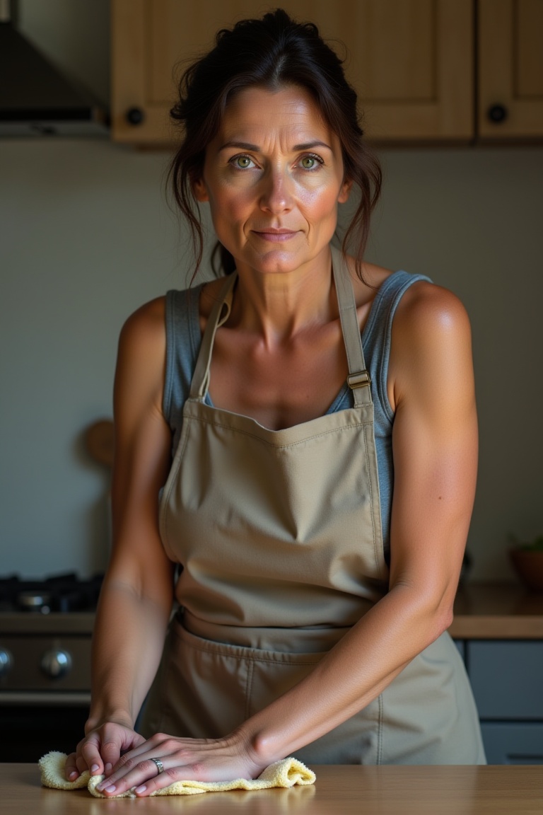 full-body portrait of LunaModel,  a 45-year-old everyday woman,  medium length dark brown hair loosely tied back on Tensor...
