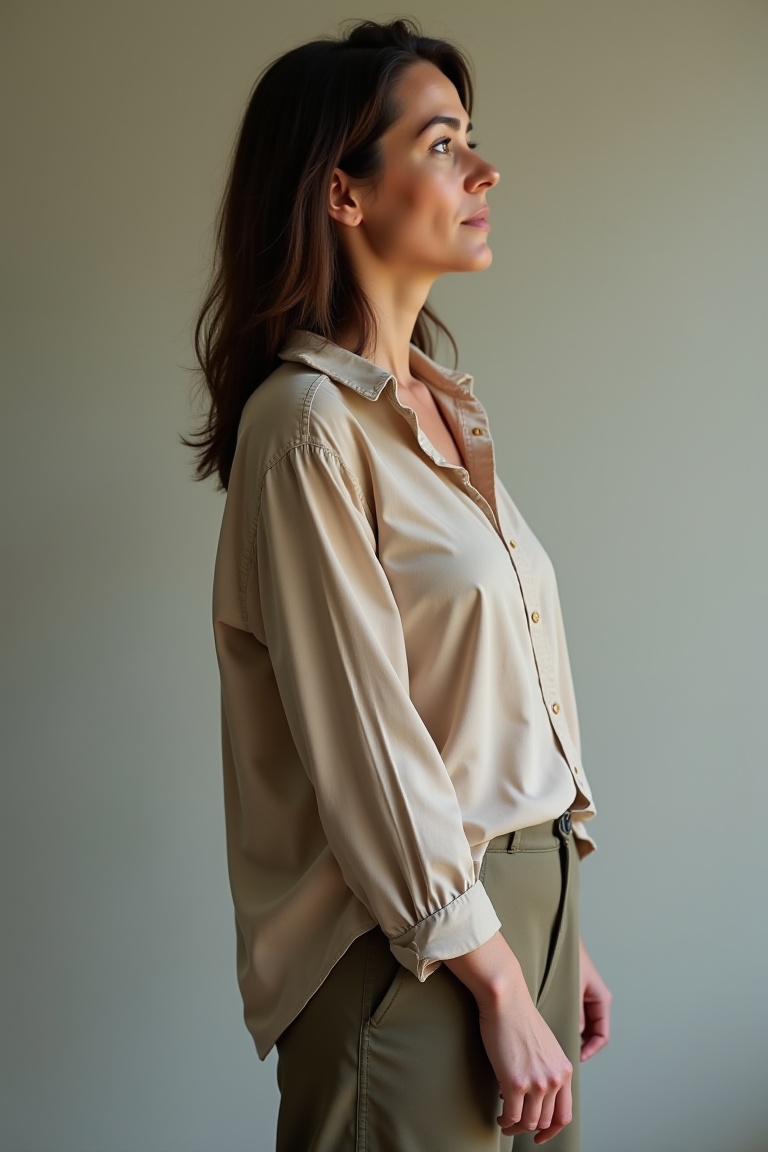 full-body portrait of LunaModel,  medium length dark brown hair loose,  wearing a casual blouse and trousers on Tensor.Art