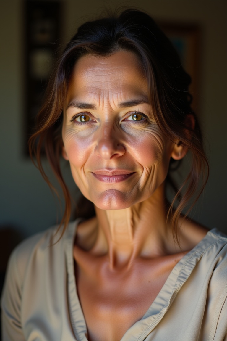 close-up portrait of LunaModel,  a 45-year-old everyday woman,  medium length dark brown hair loosely tied back on Tensor.Art