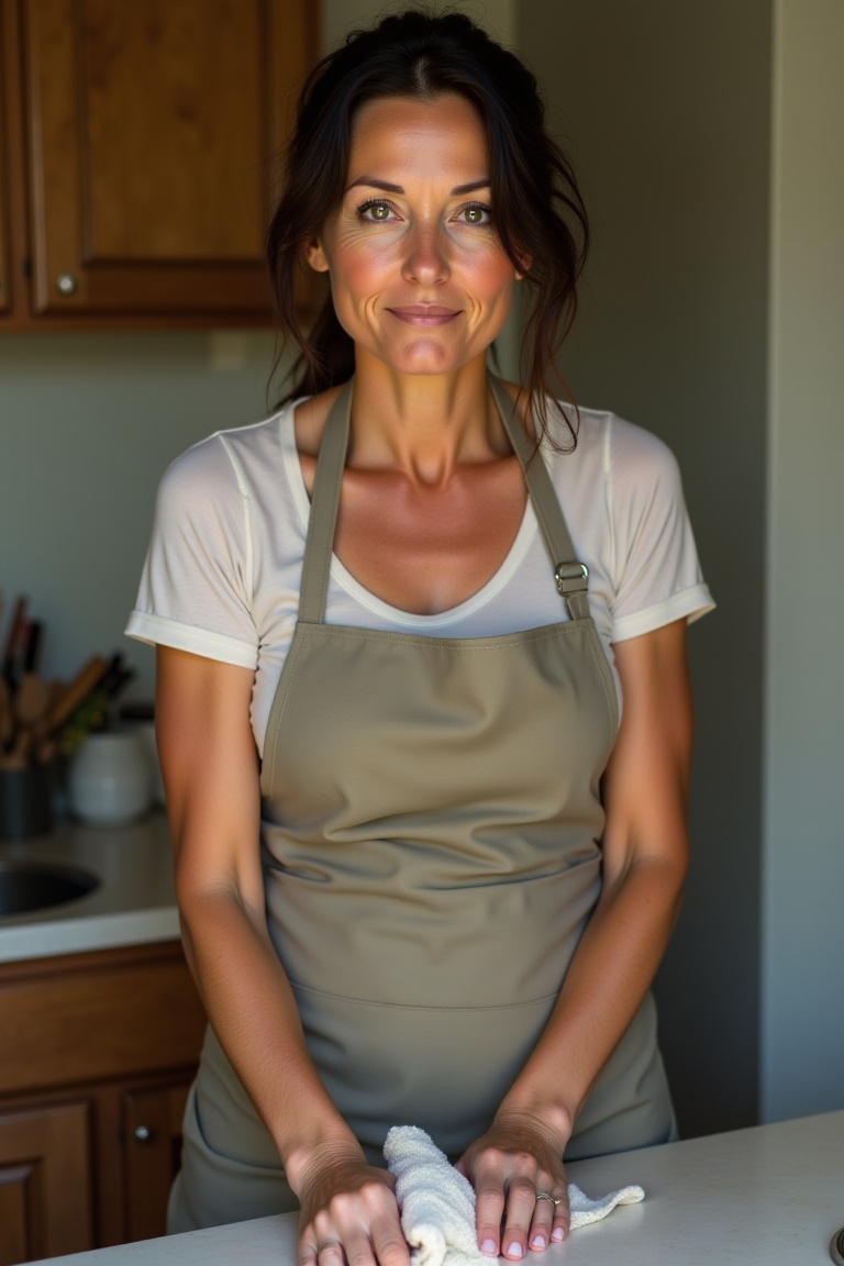 full-body portrait of LunaModel,  medium length dark brown hair loosely tied back,  wearing a simple apron over casual clo...
