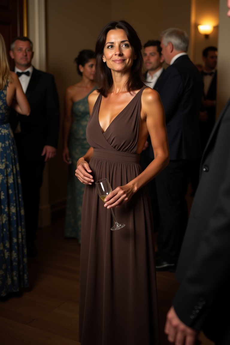 full-body portrait of LunaModel,  medium length dark brown hair styled elegantly,  wearing a formal evening dress on Tenso...