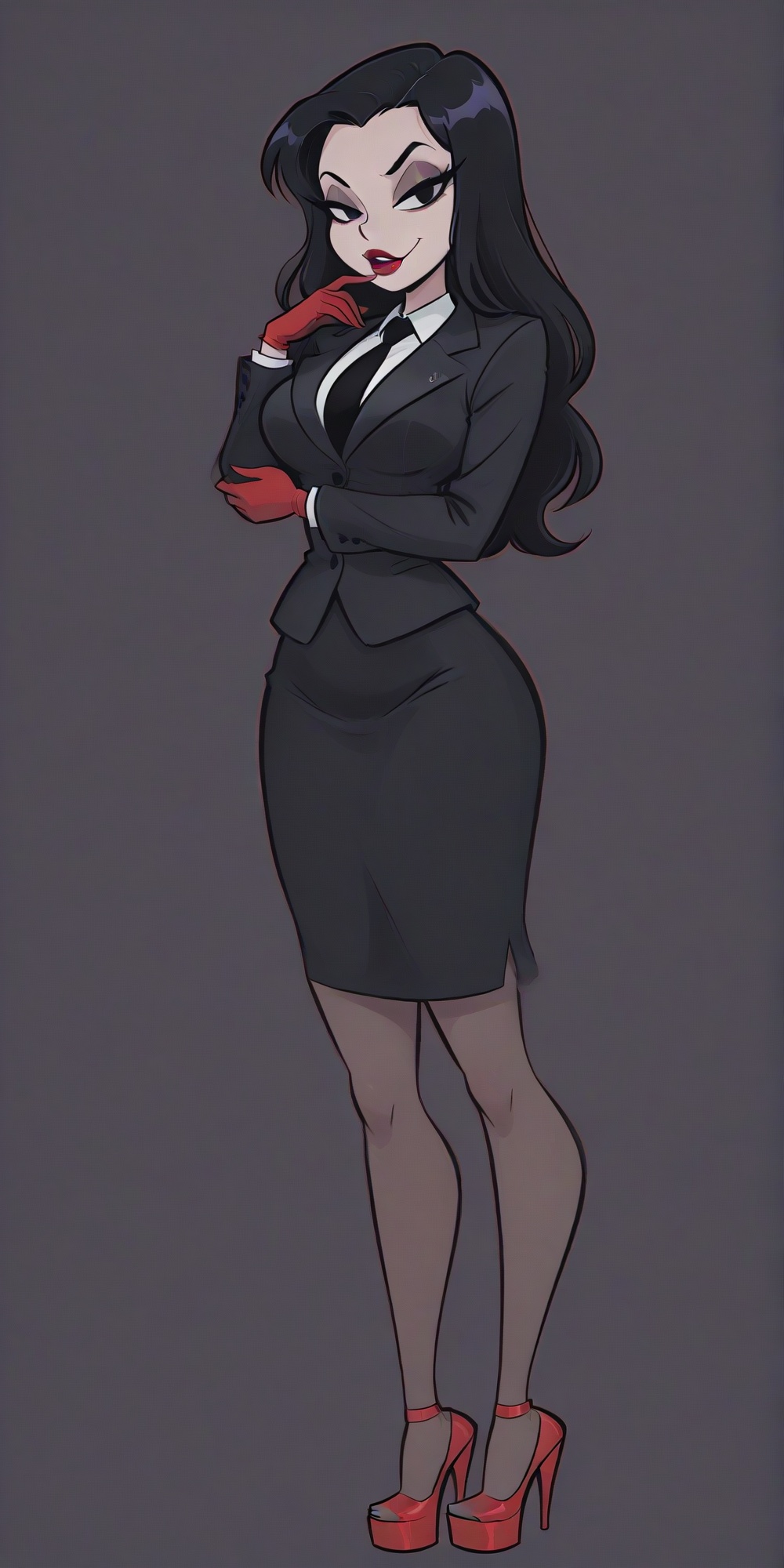 Goth villain female mafia mob lady boss,  black skirt business suit ,  black tie on Tensor.Art