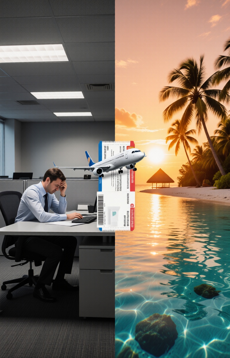 Splitimagead. split-screen advertising poster. left: gray corporate office with fluorescent lighting,  stressed worker at...