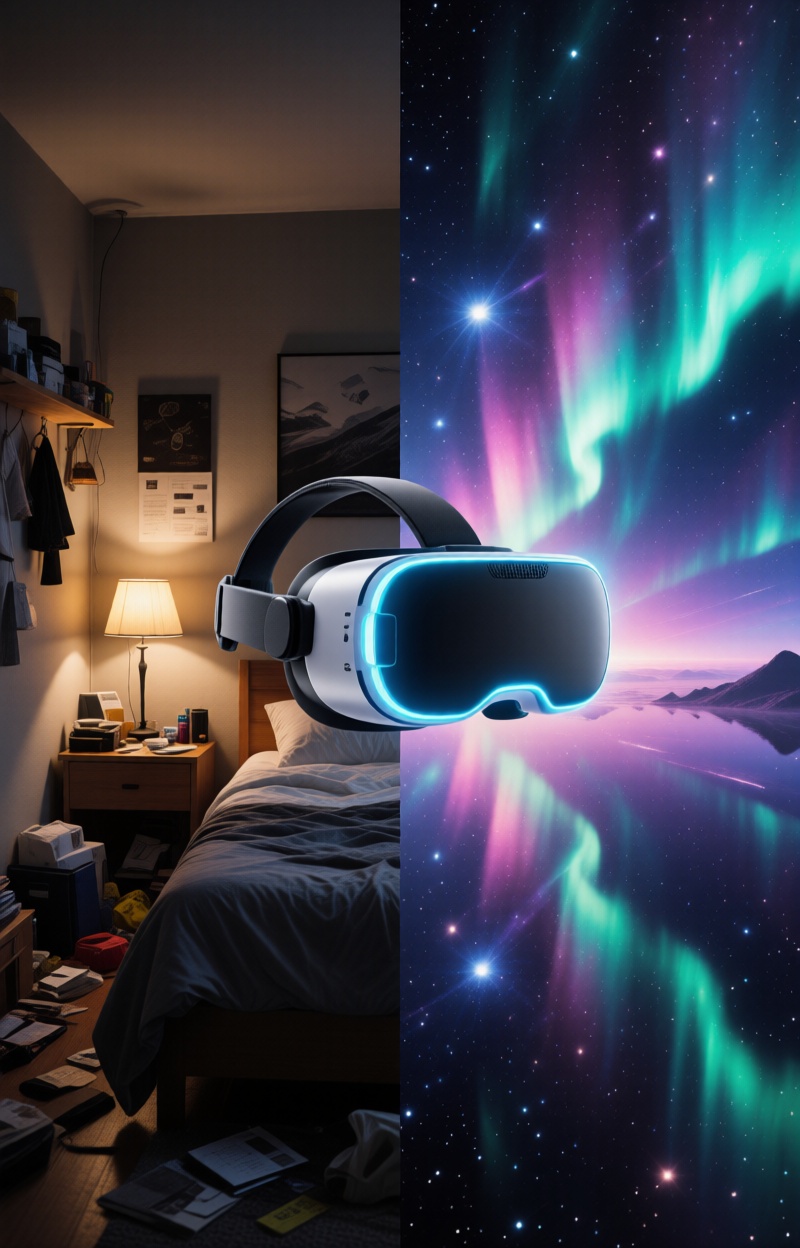 Splitimagead. Split-screen poster. Left: small cluttered bedroom with dim lamp light. Right: infinite cosmic dreamscape wi...