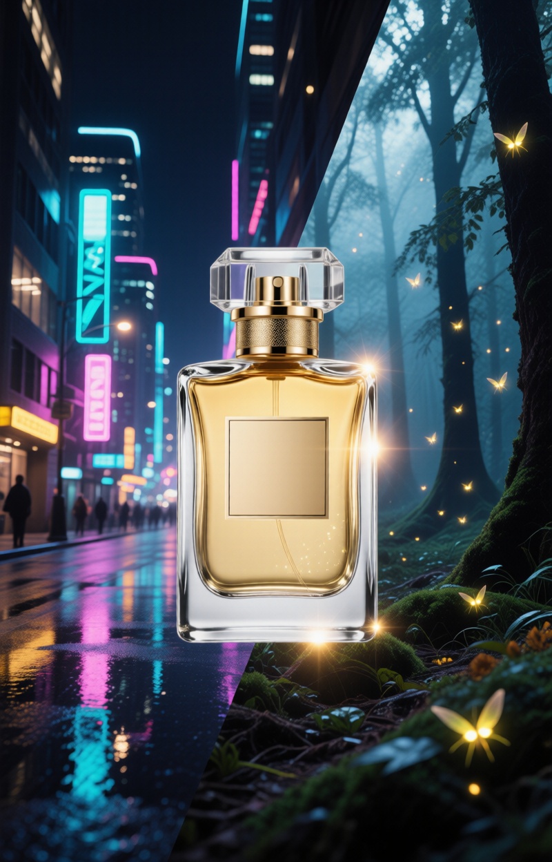 Splitimagead. Dual-scene fashion poster. left: futuristic cold city street at night with neon reflections. Right: magical...
