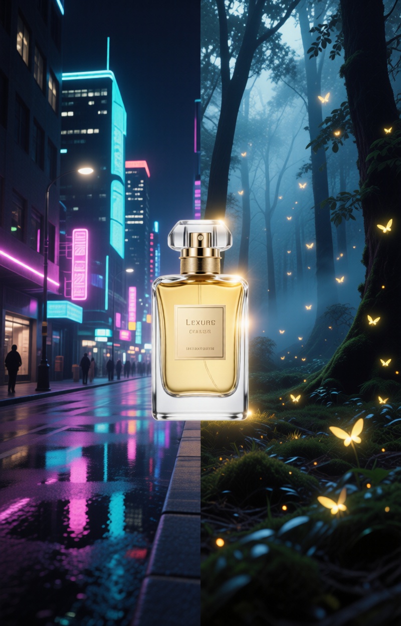 Splitimagead. Dual-scene fashion poster. left: futuristic cold city street at night with neon reflections. Right: magical...