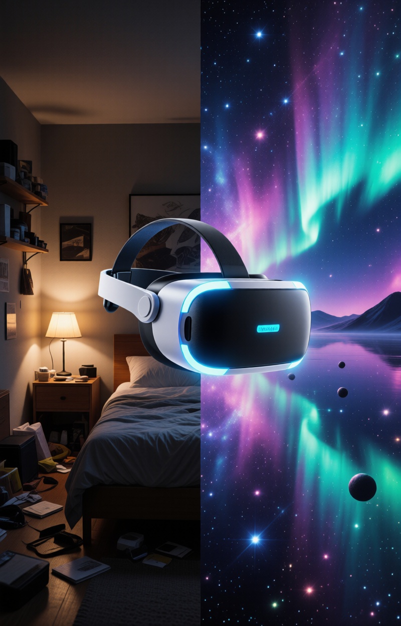 Splitimagead. Split-screen poster. Left: small cluttered bedroom with dim lamp light. Right: infinite cosmic dreamscape wi...