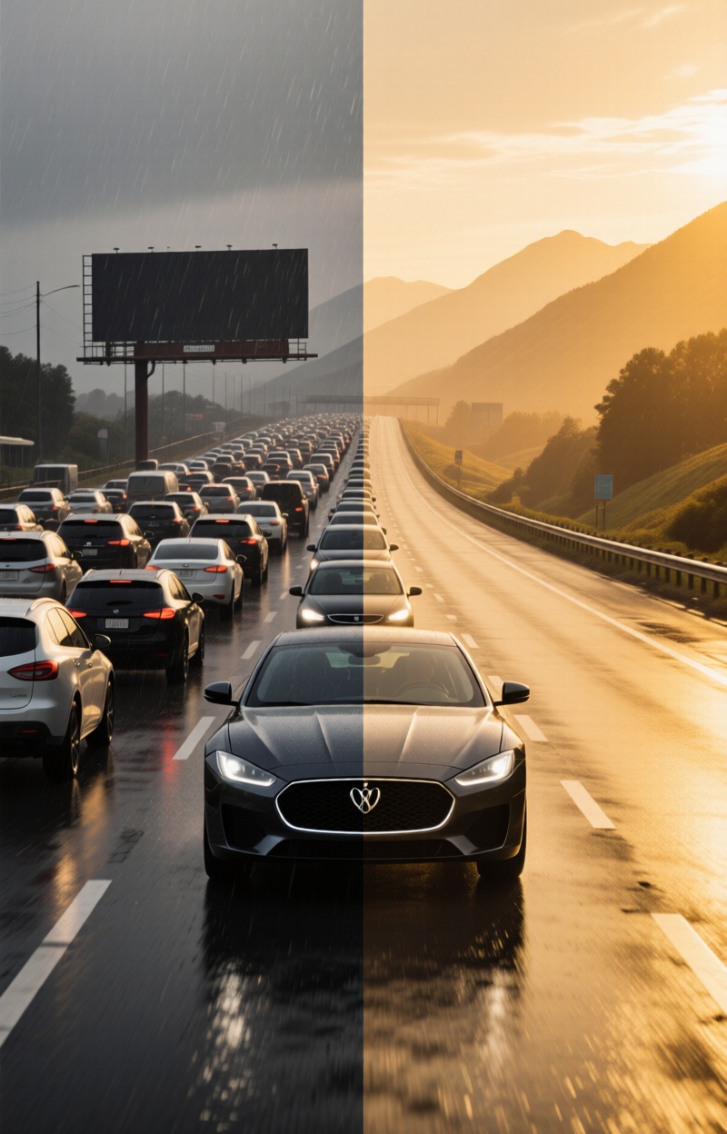 Splitimagead. Split-image billboard. Left: crowded traffic jam in gray rainy weather. Right: wide open highway in golden s...