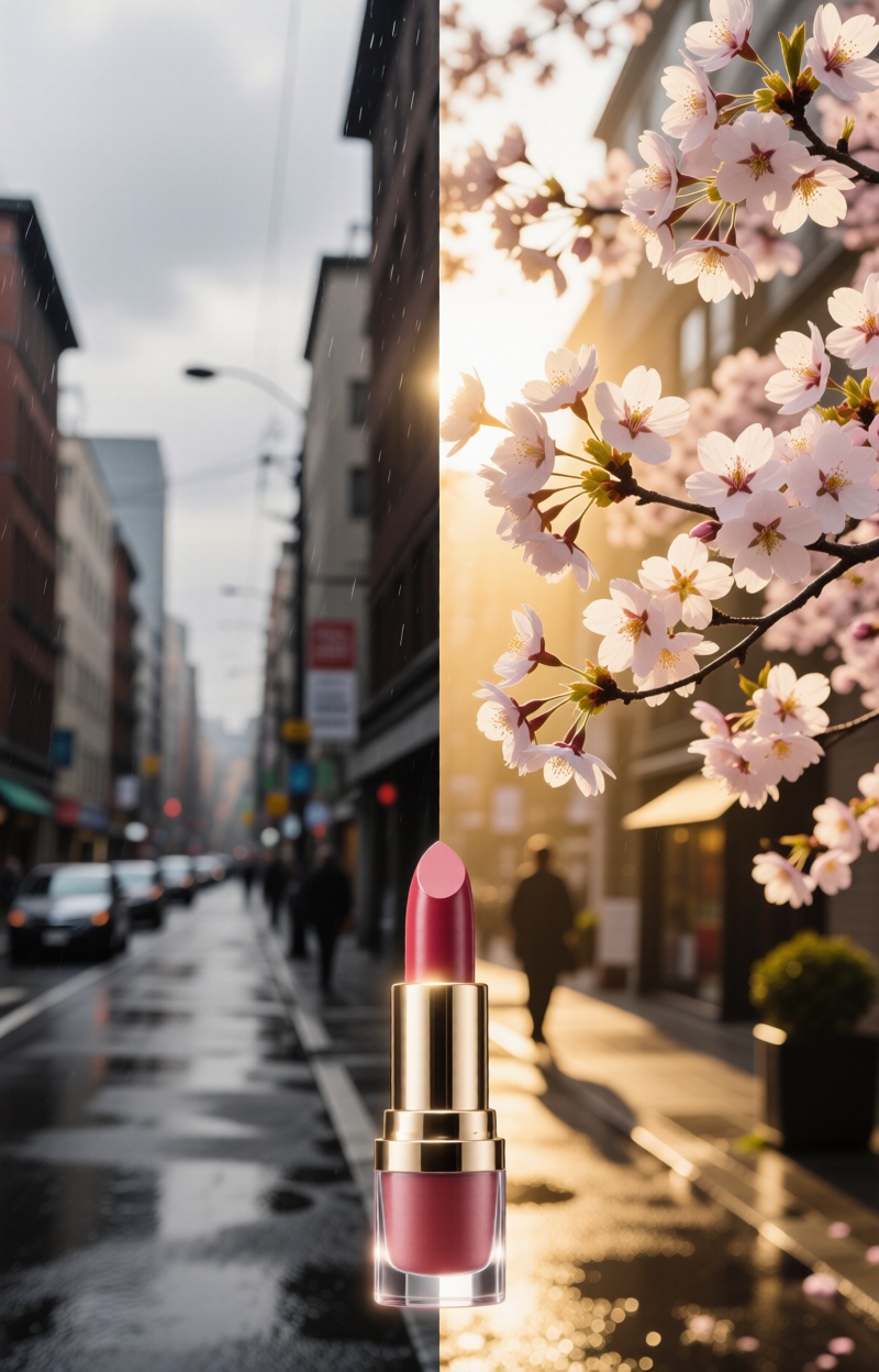 Splitimagead. Dual-scene beauty ad. Left: gray everyday urban street in cloudy weather. Right: romantic dreamlike garden i...