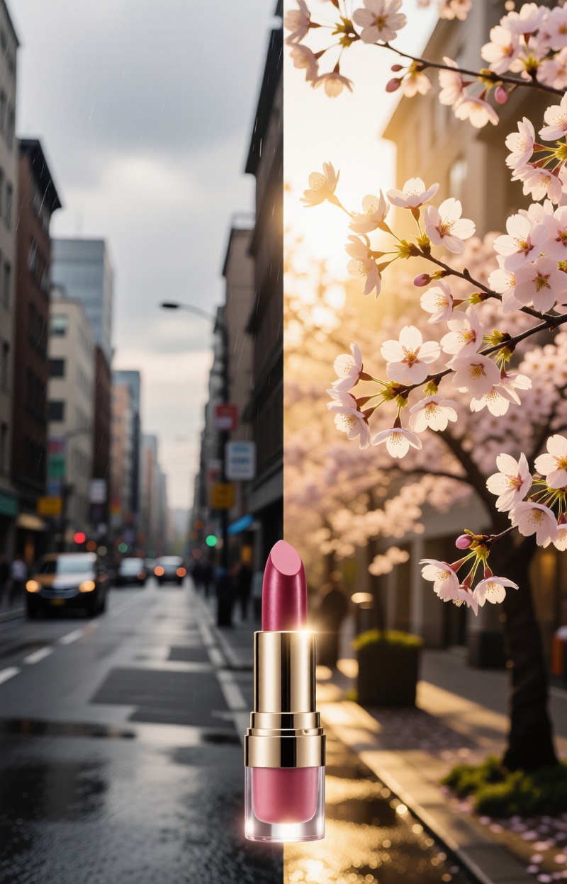 Splitimagead. Dual-scene beauty ad. Left: gray everyday urban street in cloudy weather. Right: romantic dreamlike garden i...