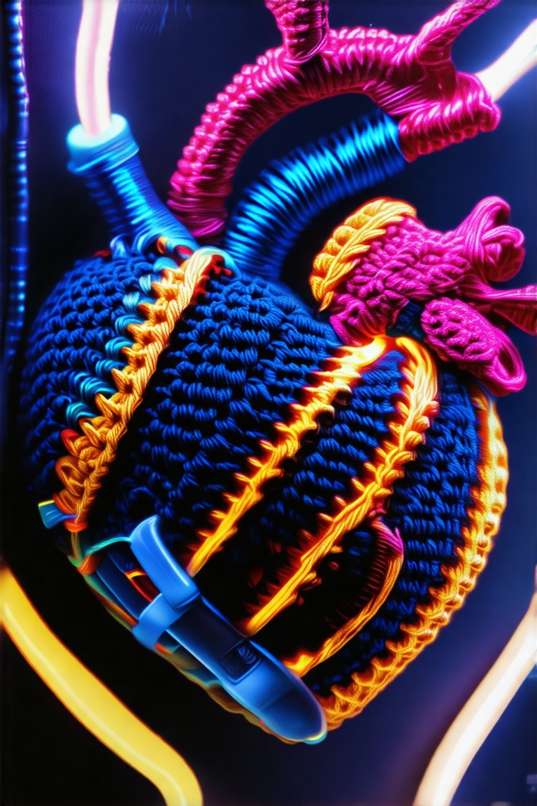 A macro crochet realism close-up of a biomechanical heart crocheted with metallic yarn and neon fiber tubing,  hyper-detai...