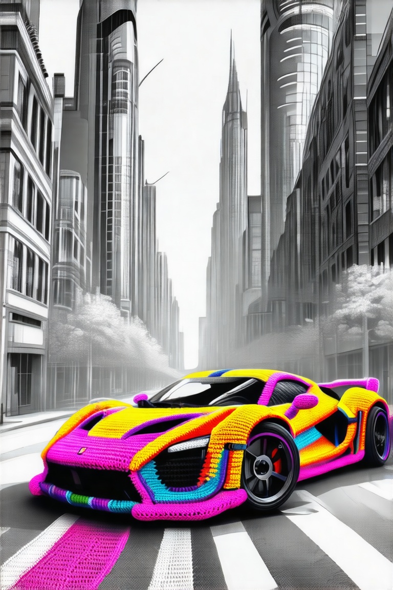 A vibrant,  hyper-detailed supercar made entirely of colorful crochet yarn parked on a street of towering futuristic city...