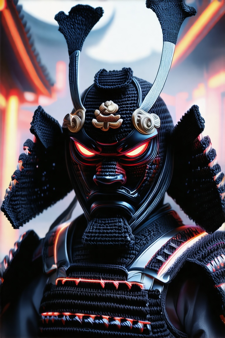 A macro crochet realism shot of a cybernetic samurai mask crocheted from black metallic yarn with red glowing eyes,  ultra...