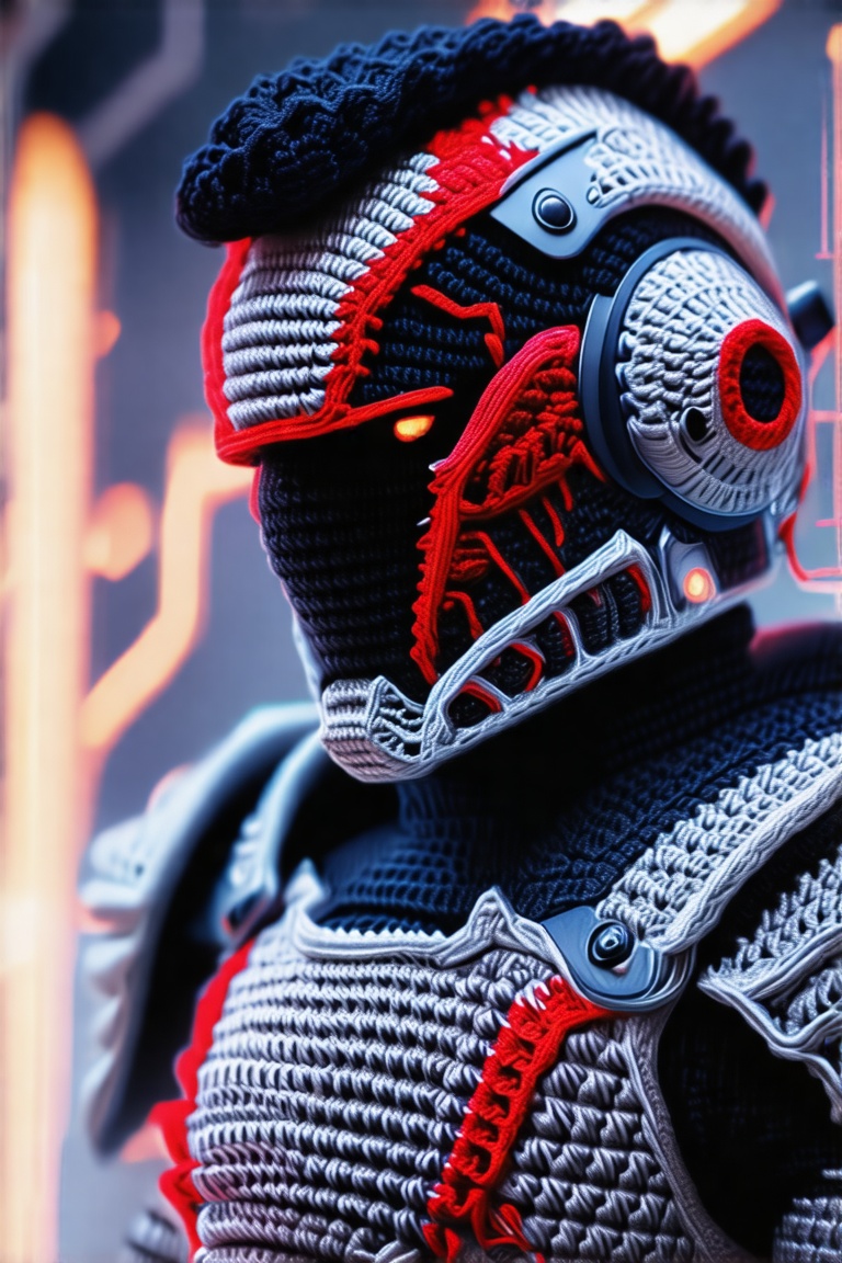 A hyperrealistic crochet portrait of a male android warrior with crocheted steel-grey armor plates and crimson yarn circui...
