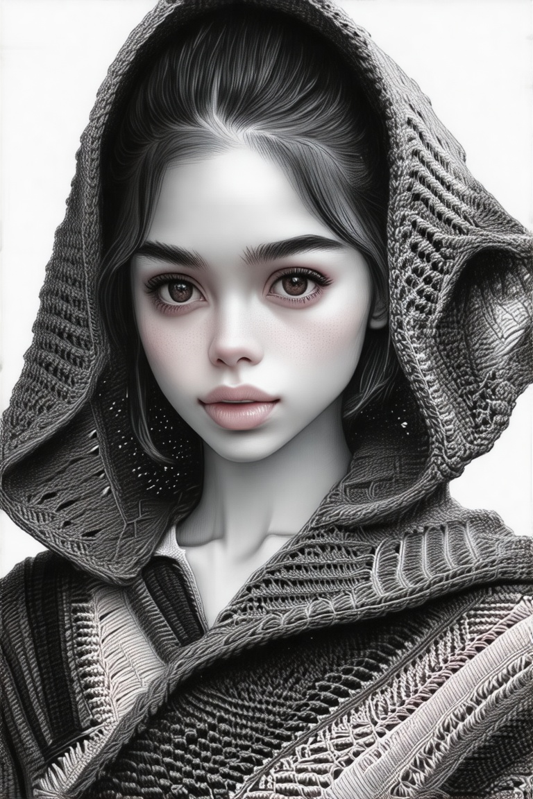 A hyper-detailed portrait of a young woman rendered in a hybrid crochet + pencil art style,  soft yarn textures interwoven...