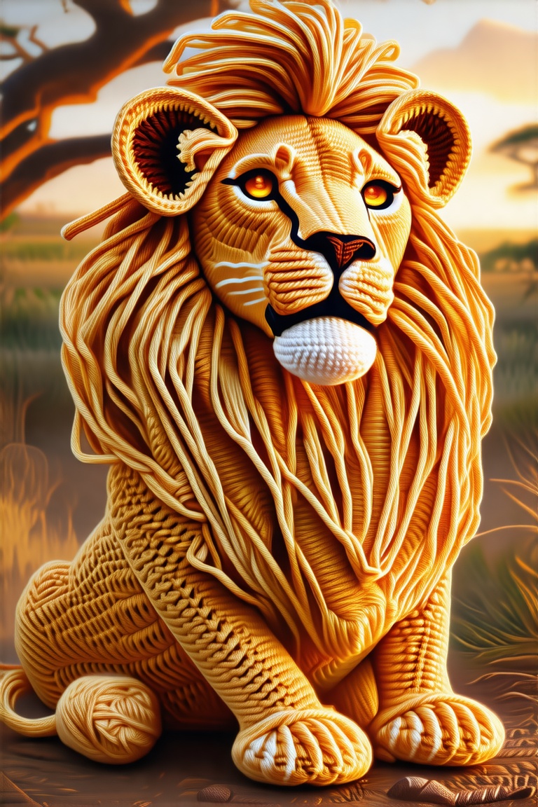 A majestic lion crafted entirely in crochet art,  golden yarn mane,  stitched amber eyes on Tensor.Art