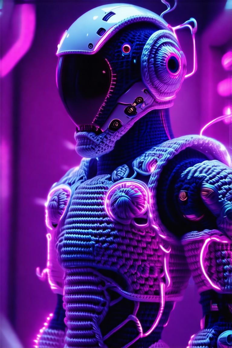 A photo-realistic DSLR macro shot of a futuristic crochet humanoid with mecha-inspired limbs built from metallic yarn,  gl...