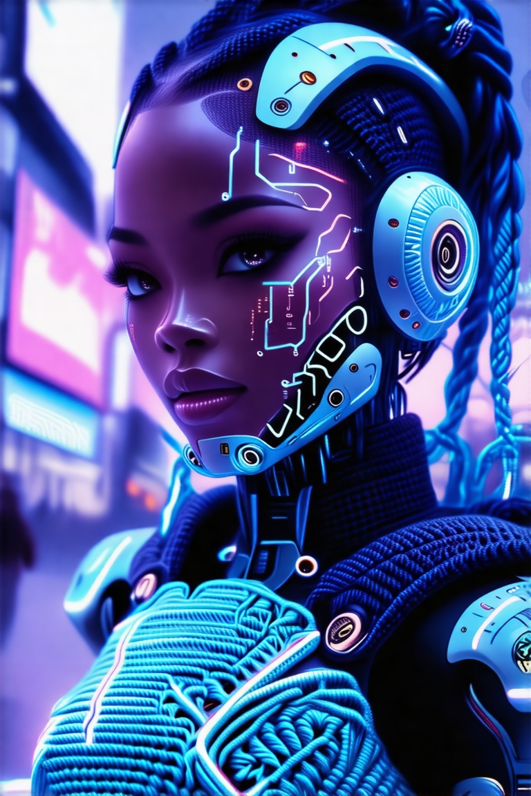 A hyperrealistic macro crochet portrait of a cyberpunk female android with neon-blue yarn circuitry across her face,  meta...