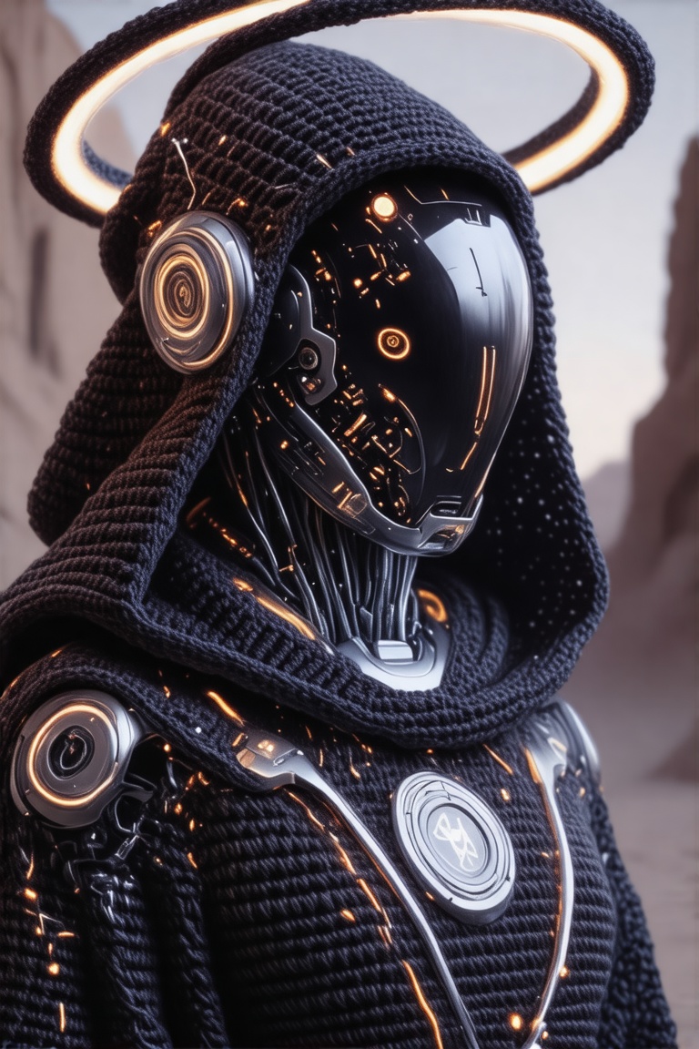 A hyperrealistic crochet portrait of a futuristic humanoid priestess with fiber-optic halo threads,  black and chrome croc...