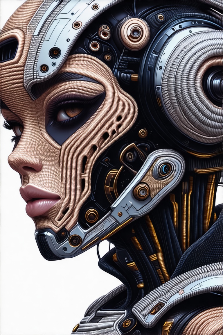 A mixed-media style portrait poster of a futuristic cyborg rendered in crochet + pencil art style,  pencil strokes for met...