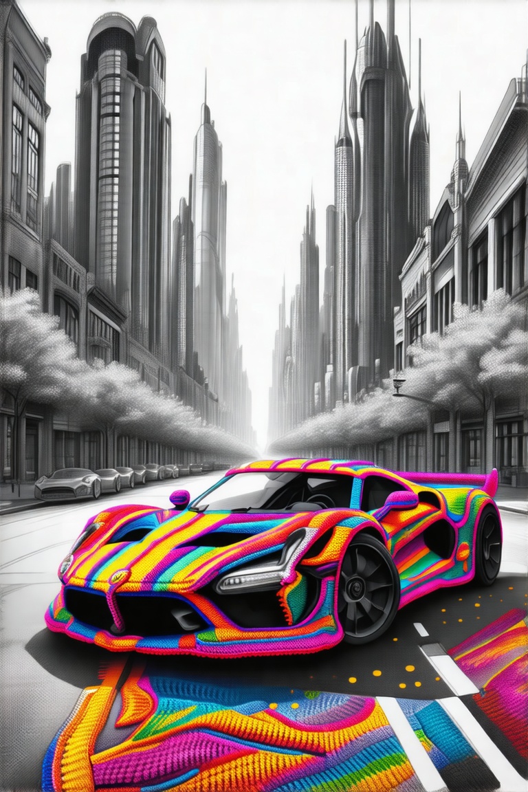 A vibrant,  hyper-detailed supercar made entirely of colorful crochet yarn parked on a street of towering futuristic city...