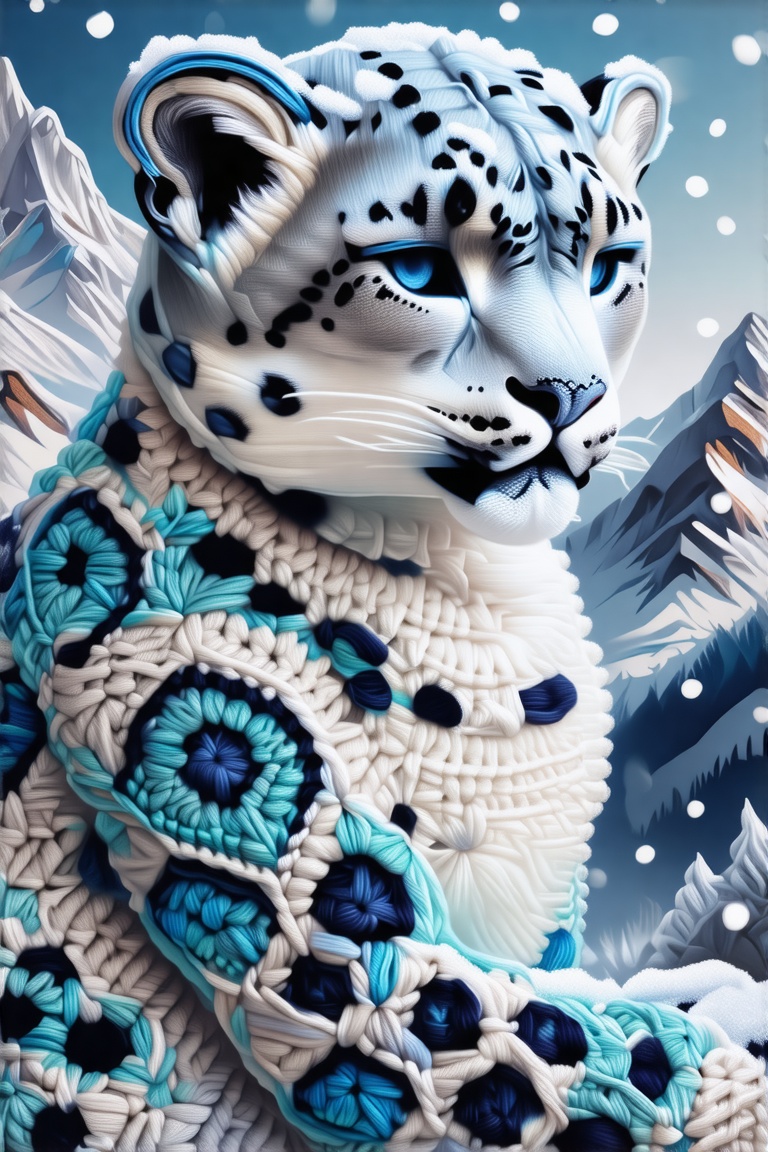 A snow leopard sculpted in crochet yarn,  frosted stitched fur coat,  icy blue thread eyes on Tensor.Art